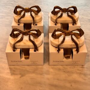 4 Marble and Metal Bow Christmas Stocking Holders Gold Studio McGee